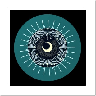 Halloween Cresent Moon, Celestial Symbols, Portents, Omens, Signs, and Fortunes - Teal and Black Variation Posters and Art